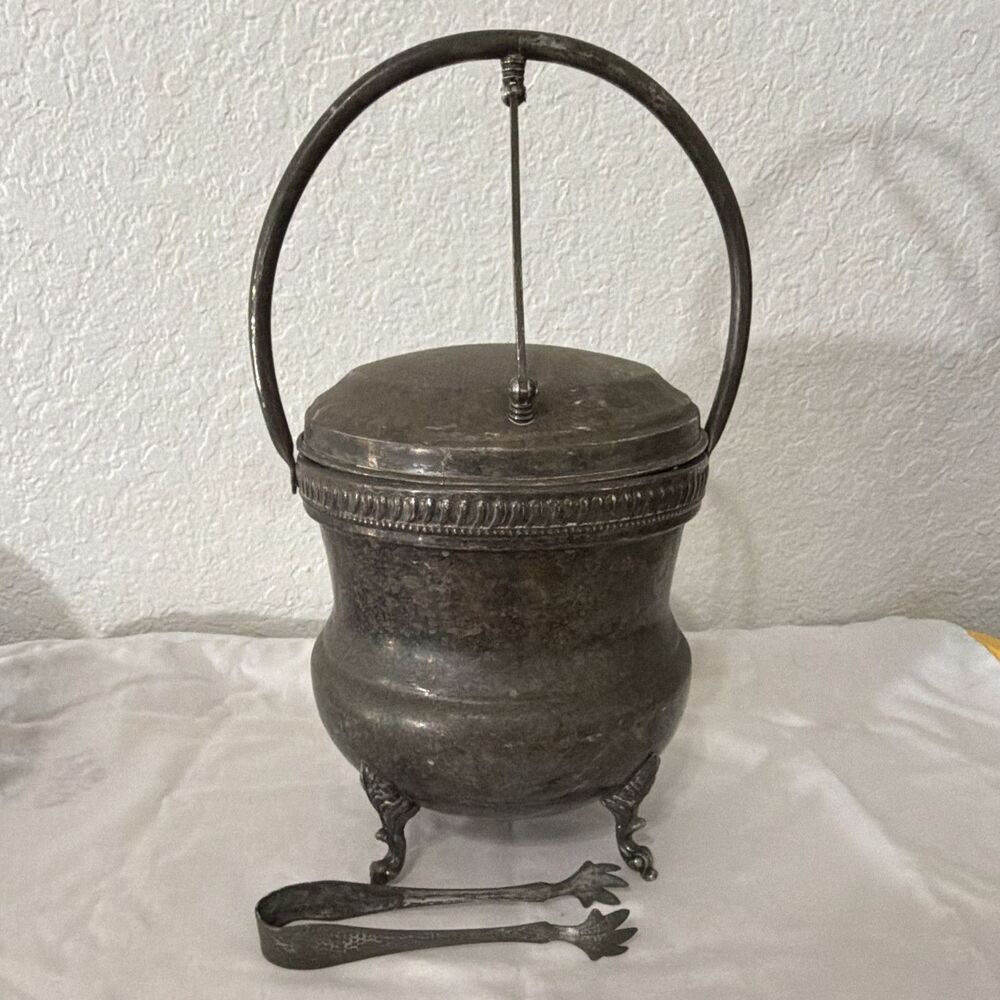 Vintage Silver Plated Over Copper Ice Bucket w/ Glass Liner, Lid/Cover,tongs